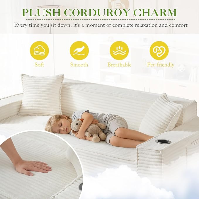 2 Piece Boneless Corduroy Sofa Set 61-Inch Loveseat Sofa and 80.7-Inch 3-Seater Sofa with Cup Holder Modern Comfy Cloud Deep Seat Couch Set for Living Room Bedroom No Assembly White