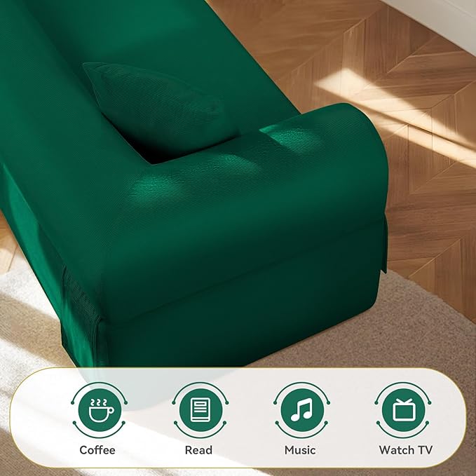 83 Boneless Couch 3 Seater Sofa with 2 Matching Pillows Compact Corduroy Couches for Living Room Side Storage Pockets Floor Sofa with Removable Armrests No Assembly Required Green