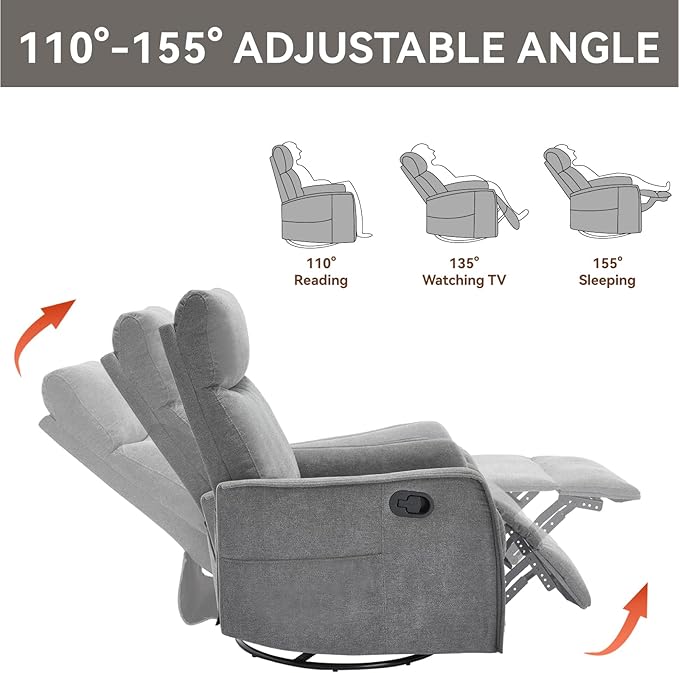 360°Swivel in Fabric Reclining ChairsHeat Massage Manual Recliner ChairSmall Recliners SpacesSingle Lazyboy Recliner Sofa for Living RoomRVBedroomGrey
