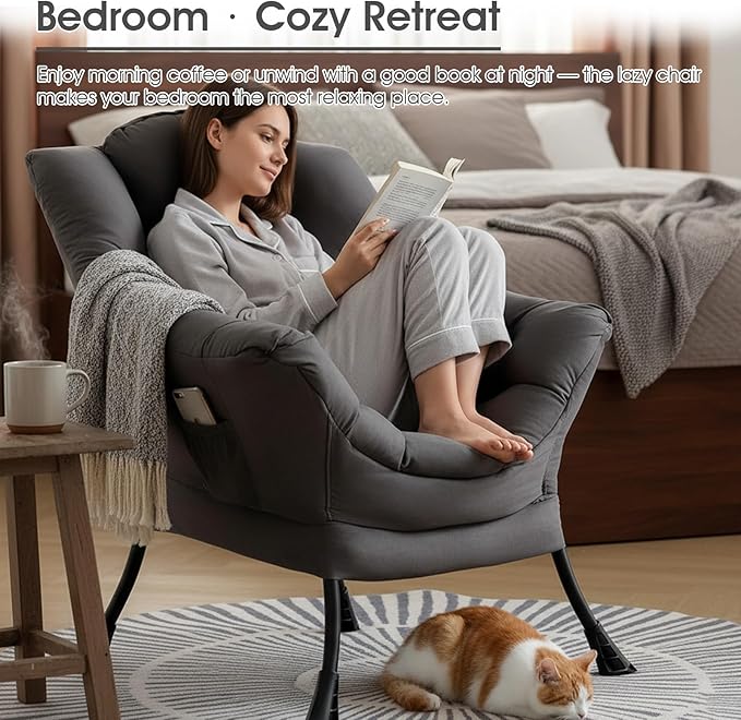 Lazy Chair for Living Room Large Dark Grey Accent Chair with a Throw Pillow Leisure Sofa Chair Set Comfy Reading Chair for Bedroom Dorm Room Office