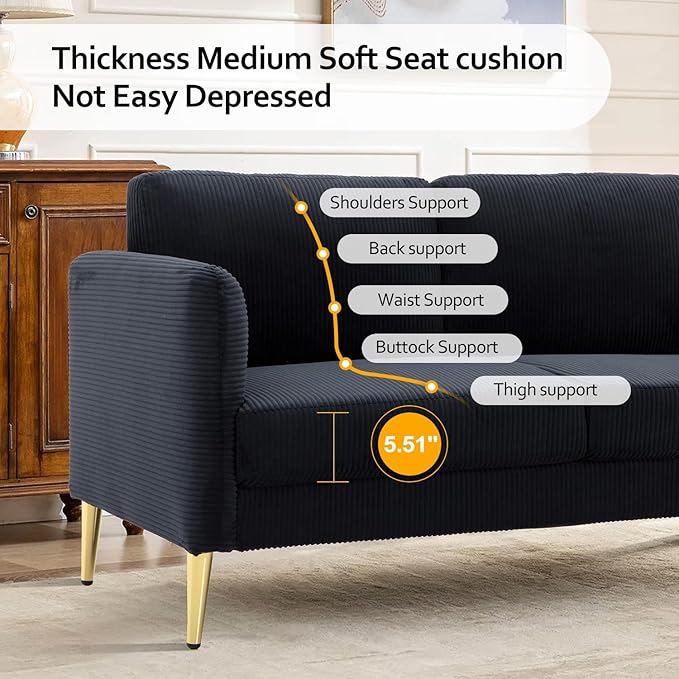 60 Black Modern Corduroy Loveseat Couch Plush Cloud Upholstered Cushions Mini Sofa 2-Seater Love Seat for Compact Small Space Living Room and Apartment Office Furniture Couche (60 Black)