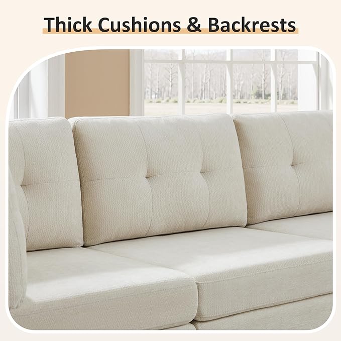 VANOMi 5 Seater Modular Sectional Sofa Convertible Modular Cloud Sofa Bed with Ottoman Comfy Chenille Sofas &amp Couches for Living Room Apartment Office White Sofa Bed