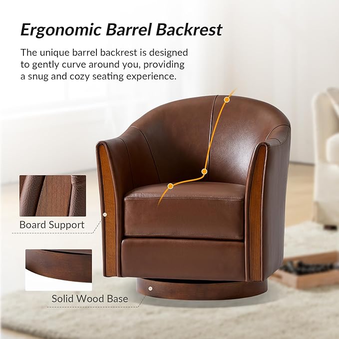 Classic Genuine Leather Swivel Barrel Chair with Solid Wood Base Comfortable Design for Living Room &amp Lounge Brown