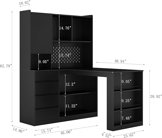 L Shaped DeskComputer Desk with DrawersBookshelf Hutchwith LED LightModern Corner DeskHome Office DeskL Shaped Study Table Writing DeskCorner Gaming Computer Desk with Storage