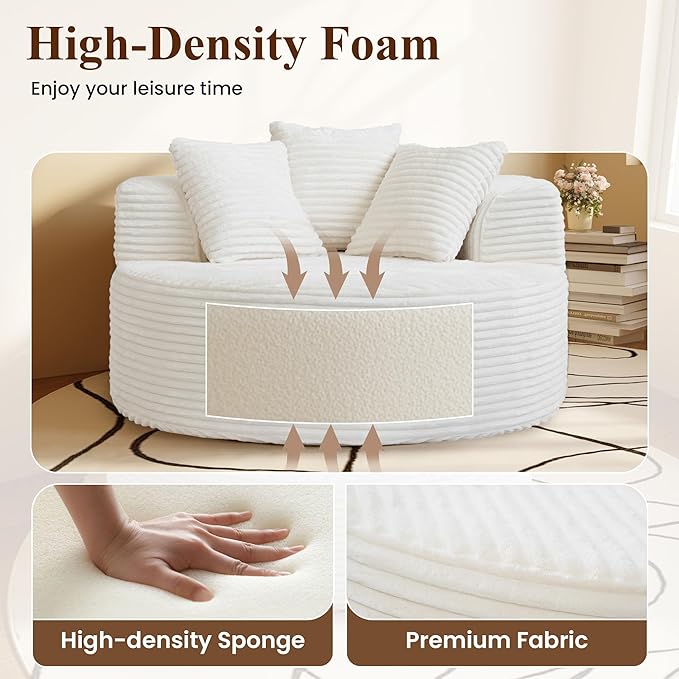 WJShome Oversized Round Chair Lounge Chaise IndoorUpholstered Corduroy Sofa Bed with 3 PillowsComfy Sleeper Boneless CouchDeep Seat Couches for Living Room Beige
