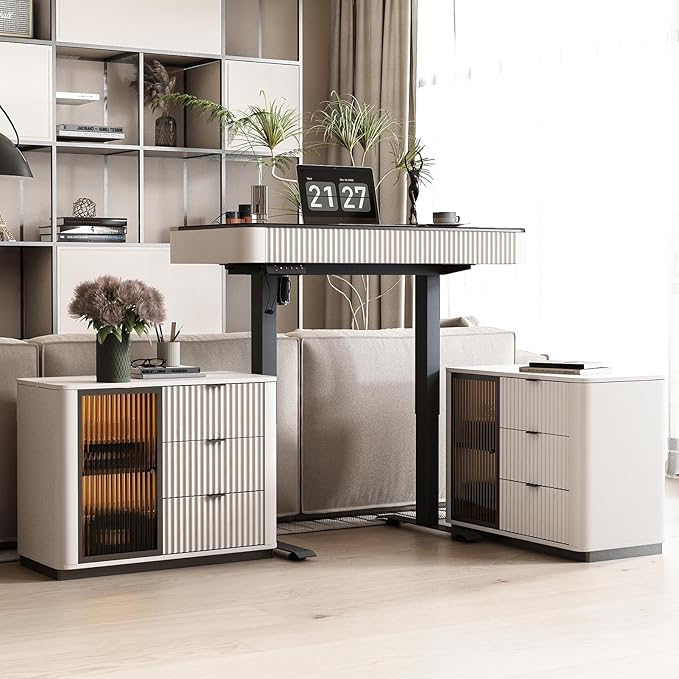 Lartis Office Desk Electric Standing Desk with Built-in Outlets Tempered Glass Top Modern Office Computer Desk with 2 Side cabinets (Ivory White 50)
