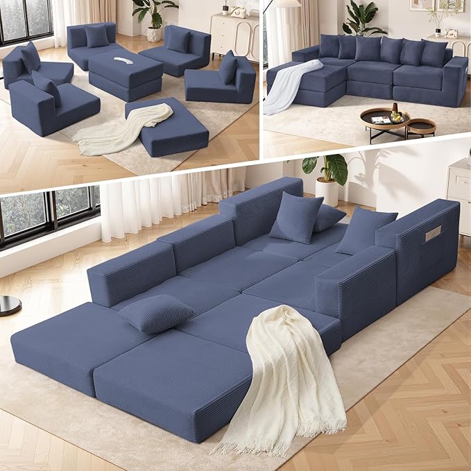 102 Upgraded L-shaped Modular Sectional Couches for Living Room Convertible Oversized Sleeper Sofa Bed-Luxury 1.5 Queen Bed. 11-in-1 Multifunctional Corduroy Boneless Folding Futon Couch Blue.