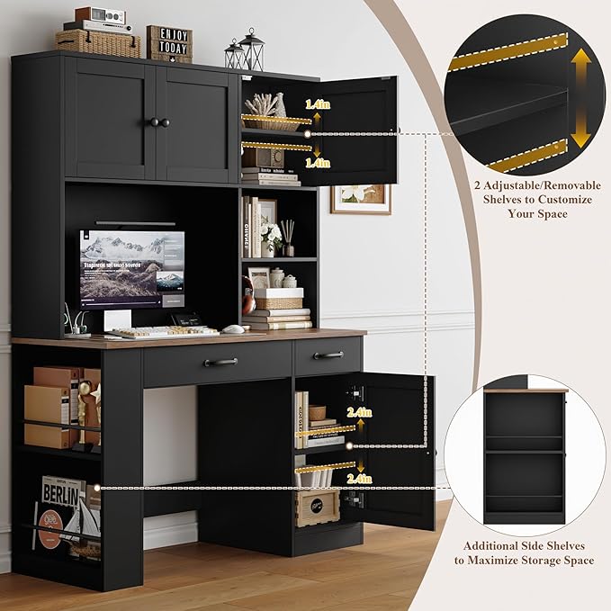 Keyluv 71 Tall Computer Desk with Hutch Cabinet Home Office Desk with Storage Drawers Shelves and Side Rack Wood Executive Desk with Doors Outlet Station and Smart LED Lights Black