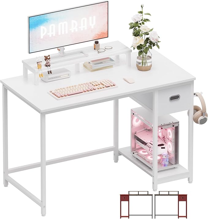Pamray 39 Inch Computer Desk with Monitor Stand Small Home Office Desks with Non-Woven Storage Drawer for Bedroom Study Table Writing and Work Desk WhiteWhite Leg