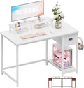 Pamray 39 Inch Computer Desk with Monitor Stand Small Home Office Desks with Non-Woven Storage Drawer for Bedroom Study Table Writing and Work Desk WhiteWhite Leg