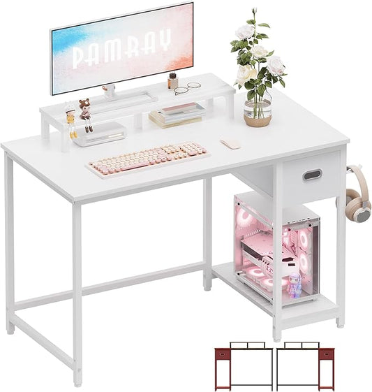 Pamray 39 Inch Computer Desk with Monitor Stand Small Home Office Desks with Non-Woven Storage Drawer for Bedroom Study Table Writing and Work Desk WhiteWhite Leg