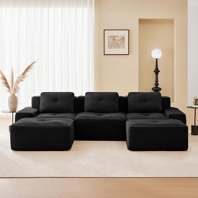115.3” Black Boneless Couches for Living Room Modular Sectional Sofa with U-Shape Chaise 3 Seater Comfy Upholstered Deep Seat Corduroy Fabric Cloud Couch No Assembly Anti-Slip Design