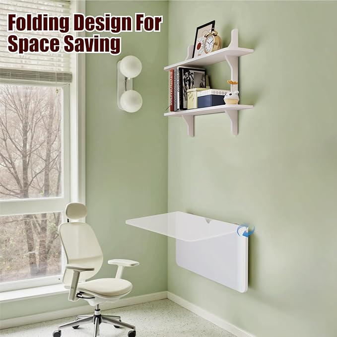 Pmnianhua Wall Mounted Folding Table 31'' Floating Laptop Desk with Shelves Foldable Drop Leaf Table Wall Mount Fold Down Table for Laundry Room Kitchen Bar Home Office Small Space(White)