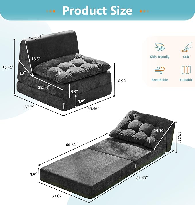 Hobestluk Sofa Couch Folding Sofa Bed Comfy Floor Lounger Convertible Sofa with Removable Cushion Couches for Small Spaces Foldable Mattress for Living Room Bedroom or Office (Chenille Grey Large)