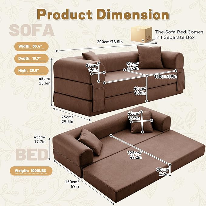 Convertible Sleeper Sofa Bed78.5 Inch Faux Leather Futon Couch with Pillows &amp Storage Pocket5-in-1 Folding Sofa Bed Queen with Pull Out BedsBoneless Couches for Living RoomCouch in a BoxBrown