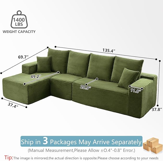 135.4 Cloud Sectional Couch with L-Shape Chaise Modern Corduroy Boneless Couch for Living RoomMemory Foam Sofa with Deep SeatNo Assembly Required (GreenLeft-Facing Chaise)