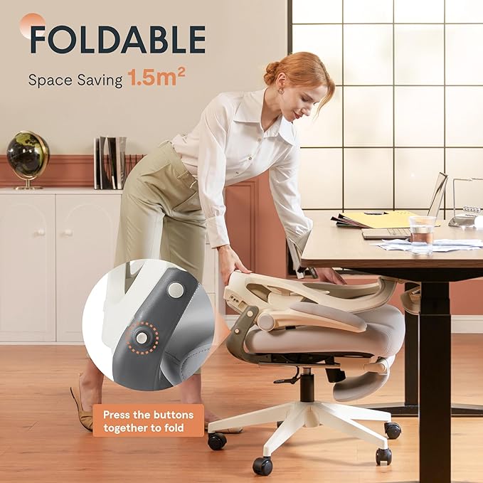 FLEXISPOT Foldex Office Folding Chair Ergonomic Chair for Small Spaces with Lumbar Support Flip-up Armrests 3D Headrest Desk Chairs with Footrest for WorkVideo Game Cream