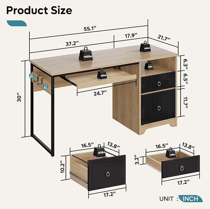 Bestier 55 Inch Computer Desk with Keyboard Tray Modern Office Desk with Storage Wood Writing Desk with File Drawer Fluted Panel &amp 2 Hooks for Home Office &amp Studio Natural Oak