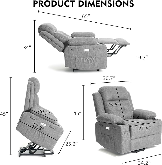 Polar Aurora Power Lift Chair for ElderlyElectric Recliner Chair with Heating and Vibrating MassageLiving Room Chair with Adjustable BackThickened armrestUSB Ports2 Cup HoldersGray