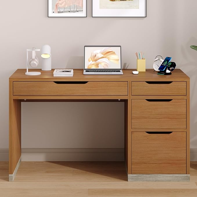 Small Desk with Drawers 52 Inch Computer Desk with Storage Home Office Desk with Filing Drawer for Bedroom Brown