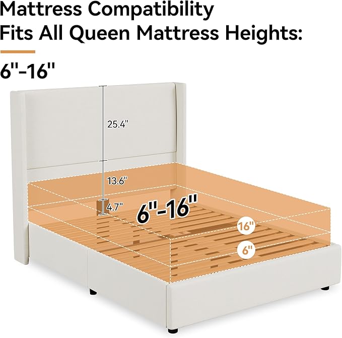 Queen Bed Frame Upholstered Platform Bed with 55.5 Tall Wingback Headboard Solid Wooden Slats Noise-Free Mattress Foundation No Box Spring Needed Easy Assembly Beige