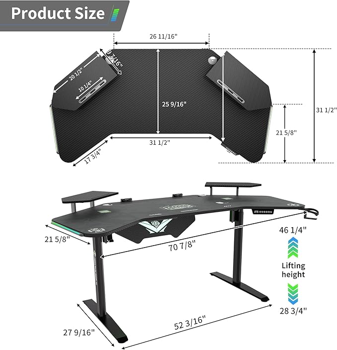 72 Standing Gaming Desk with Dual Motor Wing-Shaped Computer Desk with Full Coverage Mouse Pad Electric Height Adjustable Standing Desk with RGB LED Lights and Slot Design Shelves