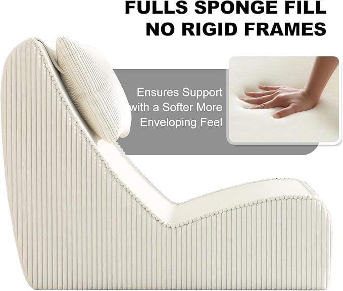 Giant Bean Bag Chair for AdultsCorduroy Chaise Lounge with Unrivaled Back Support Detachable Neck Pillow Comfortable Ottoman &amp Washable Cover for Living Room Bedroom Garden(White)