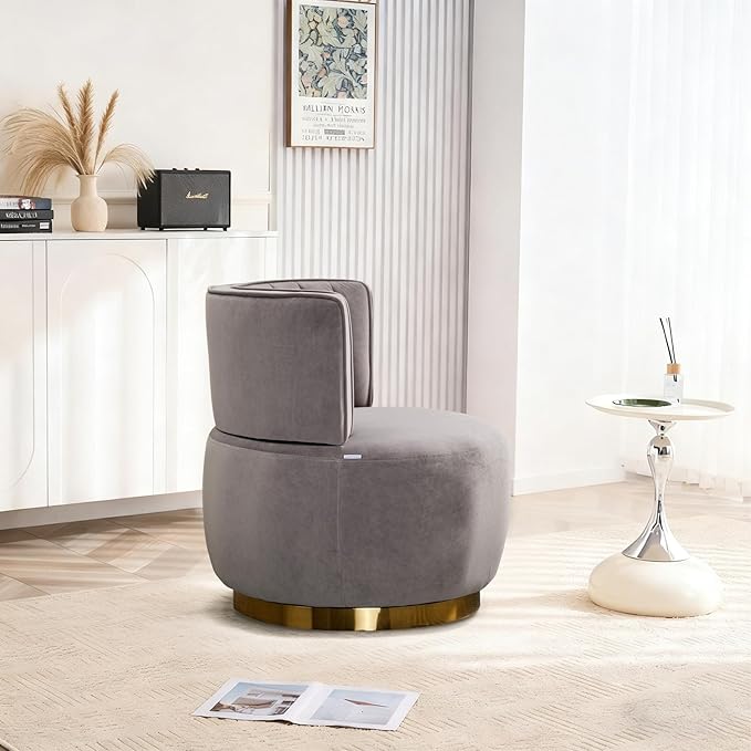 360 Degree Swivel Accent Chair Comfy Round Swivel Barrel Chair with Mental Base Upholstered Cozy Reading Armchairs Modern Lounge Sofa Chairs for Living Room Bedroom Club Office(Velvet Gray)