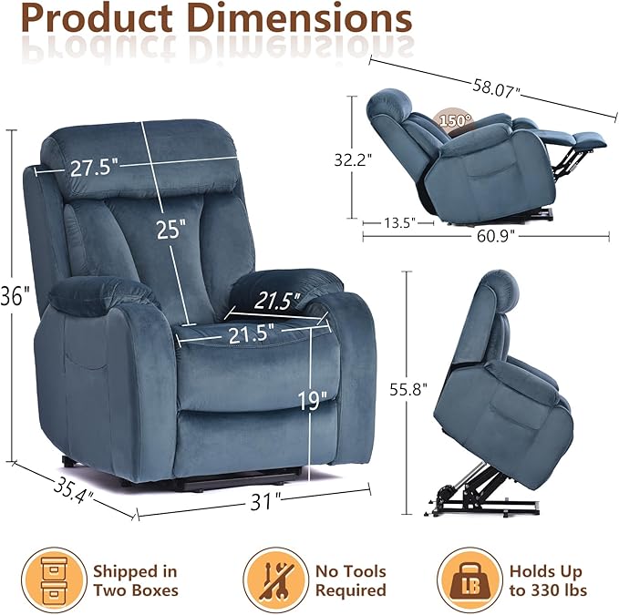 cinkehome Small Power Lift Recliner for Elderly Lift Chair Recliners Electric Recliner Chairs for Seniors Remote Control Adjustable Side Pocket (Navy Blue)
