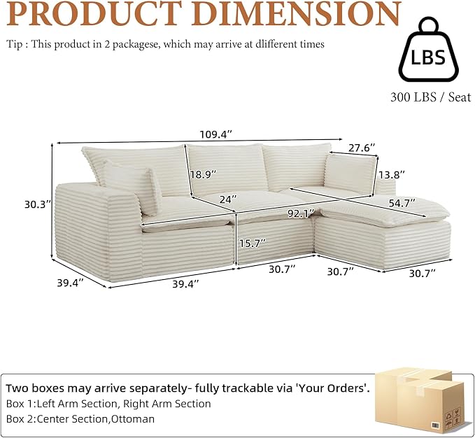 110 Inch Modular Sectional Sofa - Cloud Sectional Couch with OttomanCorduroy Boneless Couches with Deep SeatModern Sponge Compressed Couches for Living Room (White 4 Seat -L Shape Couch)