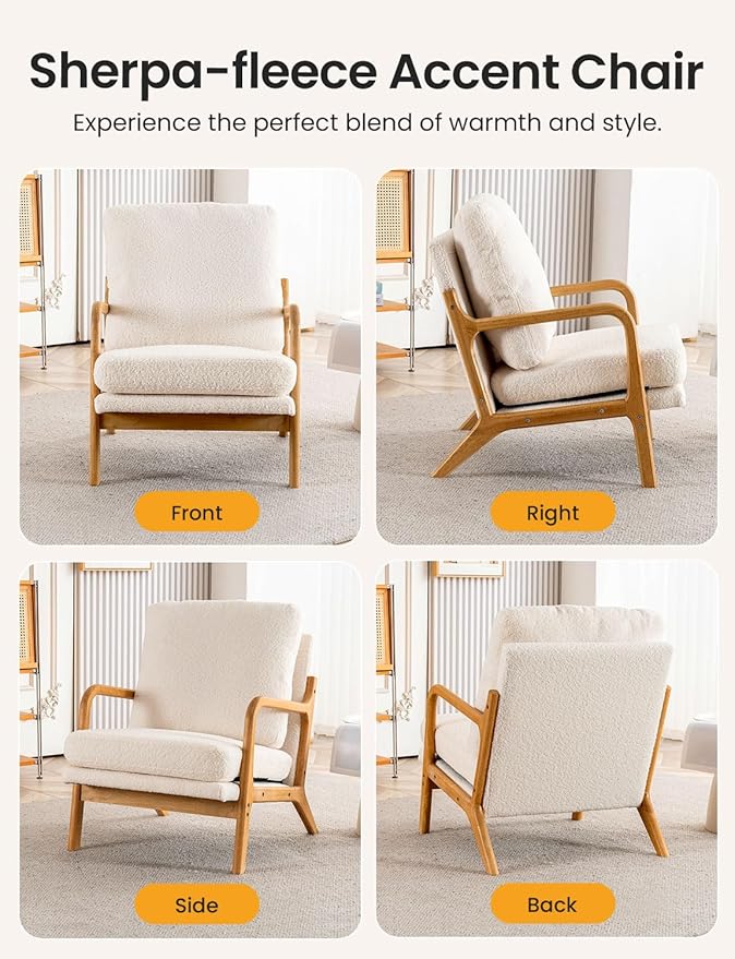 Mid Century Modern Accent Chairs for Living Room 23” Wide Comfy Chair for Bedroom Small Cozy Sherpa Reading Chairs for Adults 108° Lounge Arm Chair with Detachable Cover 5.5 Foam Cushion