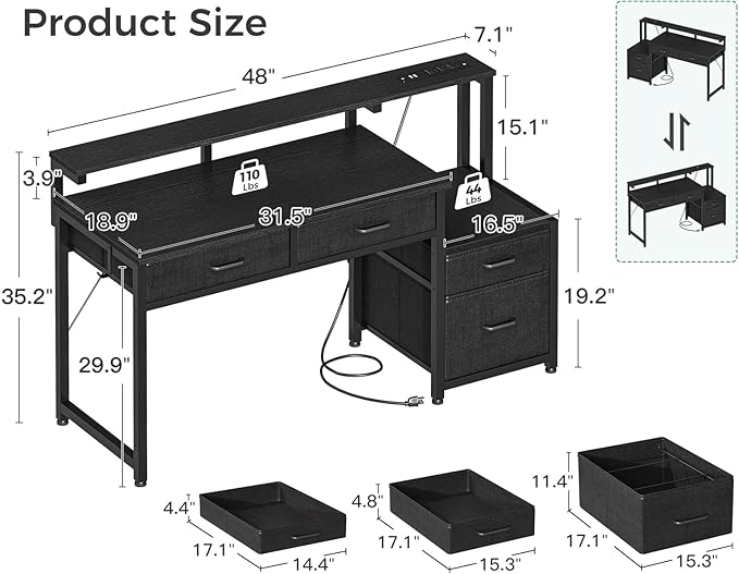 AODK Computer Desk with 4 Drawers 48 Inch Office Desk with Printer Shelf &amp Built-in Power Outlet Work Desk with Monitor Shelf for Home Small Spaces Black