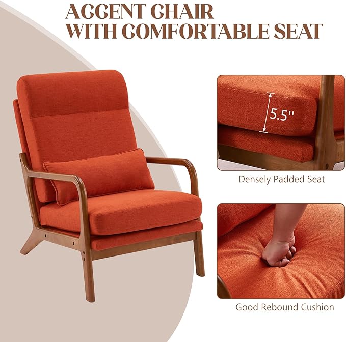 Hommoo Arm Chair Modern Accent Chair Comfy Linen Fabric Reading Chair High Back Leisure Chair with Wood Frame Accent Chair for Living Room Bedroom Balcony Orange