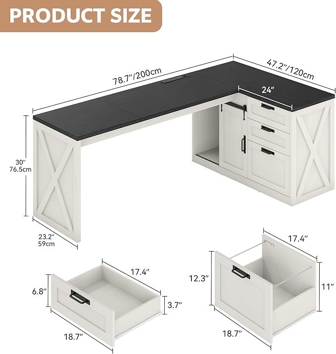 Farmhouse L Shaped Office Desk with Drawers 78 Inch L Shape Desk Executive Office Desk with File Cabinet Storage Shelves and Power Outlets for Home Office White and Black