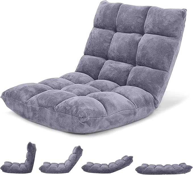 Giantex Folding Floor Chair with Back Support 14 Adjustable Position Padded Sleeper Bed Couch Recliner Gaming Floor Chairs for Adults Meditation Living Room (Grey)