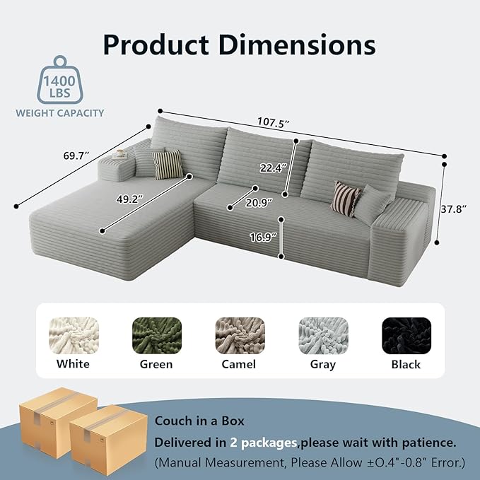 107.5 Cloud Sectional Couch with L-Shape Chaise Corduroy Boneless Couch for Living Room Modern Memory Foam Sofa with Deep SeatNo Assembly Required(GrayLeft Facing Chaise)