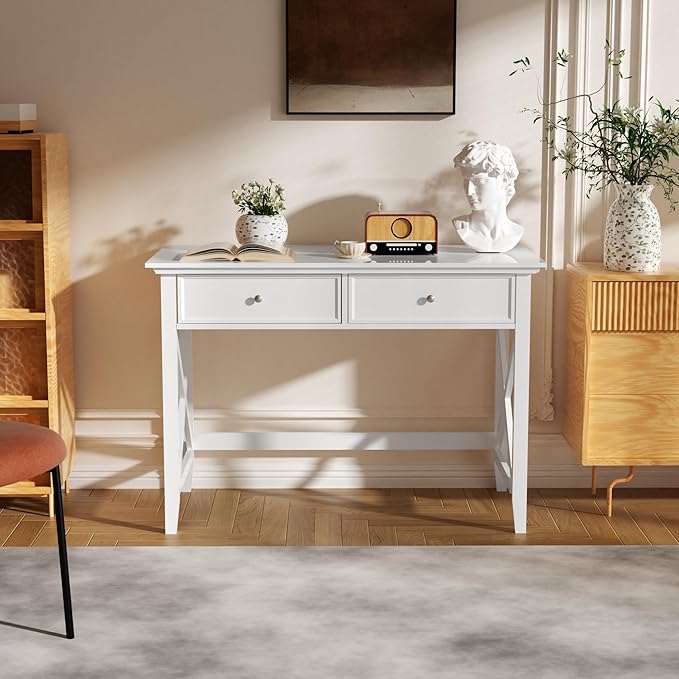White Computer Desk with 2 Drawers Modern Makeup Vanity Desk with Storage Writing Desk for Home Office 42'' Long Study Simple White Desk for Bedroom Console Table Living Room