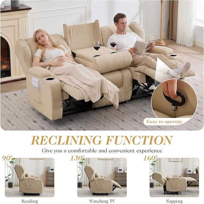Loveseat Recliner Sofa with Flip Middle Seat3 Seater Reclining Couch Wall Hugger Recliners for Small SpacesFabric Manual 3 Seater Sofa Recliner with Cup Holders/Lumbar PillowsRV FurnitureBeige