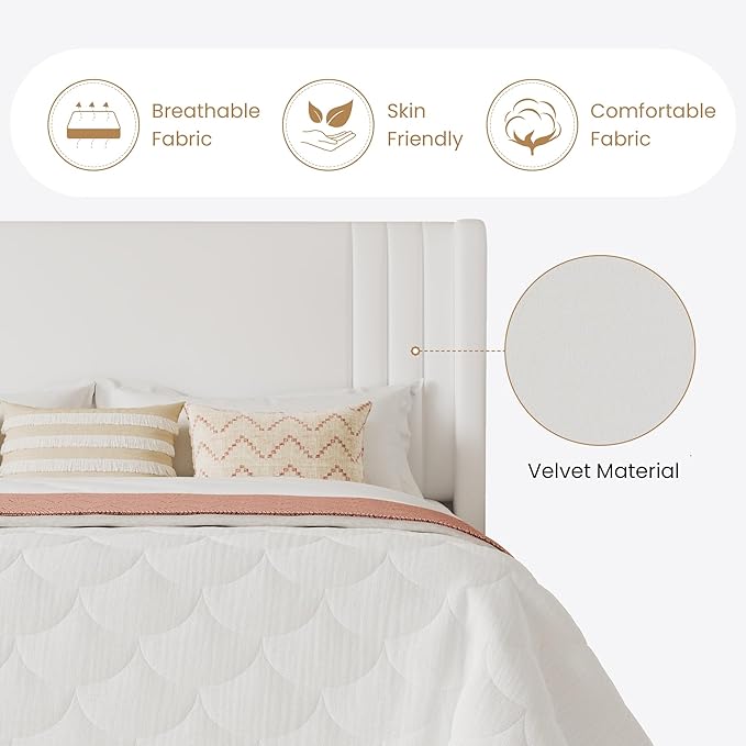 SHA CERLIN King Size Velvet Upholstered Platform Bed Frame with Vertical Channel Tufted Wingback Headboard Wooden Slats Support Easy Assembly Under Bed Storage No Box Spring Required White