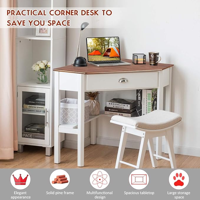 RELAX4LIFE Corner Computer Desk Triangle with Drawer and Shelves Stable Laptop PC Table Home Office Writing Desk Study Workstation Desk (Natural)