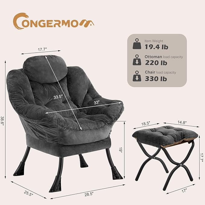 Lazy Chair with Folding OttomanLeisure Sofa ChairSoft Fabric Armchair with Armrests and Side Pockets Reading Chair with Footrest for Living Room Bedroom Office (Plush Dark Grey)