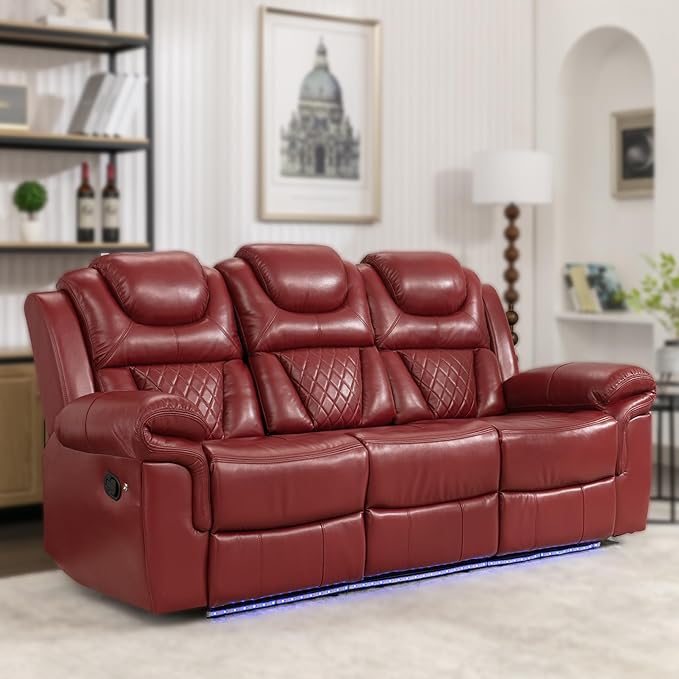 Leather Reclining Sofa SetHome Theater Seating with Center ConsoleFlipped Middle Backrestand LED Light Strip3 Seater for Living RoomOfficeHome TheaterRV (Red)