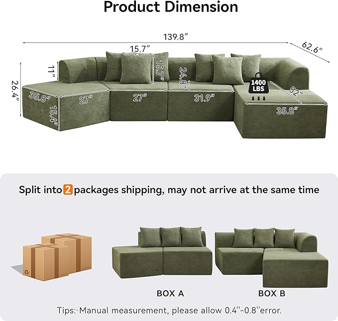 140''Oversized Cloud Velvet Curved Sectional Couch Boneless Couch with L-Shape Chaise Upholstered Compression Memory Foam Modular Sectional Sofa for Living Room No Assembly Required Green