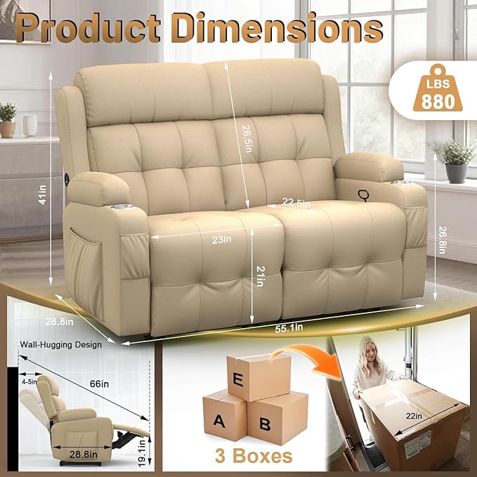 Reclining Loveseat Wall-Hugger Loveseat Recliner Design with USB/Type C Charging &amp Storage &amp Cupholder Pebble-Weave Fabric Recliner Sofa Couch for Living Room Home Theater &amp RV Use