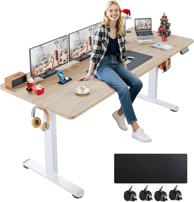 farexon Electric Standing Desk Adjustable Height 71 x 28 Inch Sit Stand up Desk with Large Mouse Pad Double Metal Hook4 Wheels4 Memory Preset Heights Home Office Computer DeskOak Grey