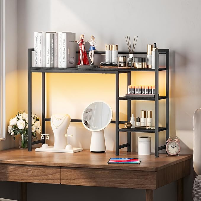 Snughome Desk Shelf with LED Strip 38.6 Desktop Organizer Shelf Desk Hutch for Computer Monitor 4 Tier Desk Display Rack Wood Desktop Bookshelf Storage Rack for Home Office Dorm