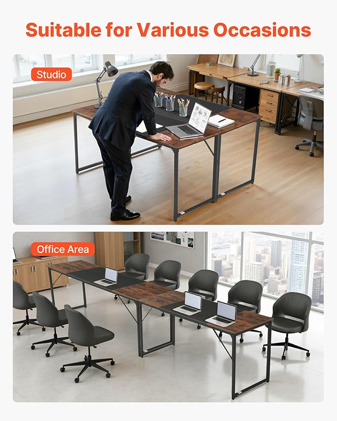 VEVOR Computer Desk 63 Inch Office Gaming Desk for Home Office Writing Study Work Modern Simple Table with Metal Frame for Large Legroom Rustic Brown and Black