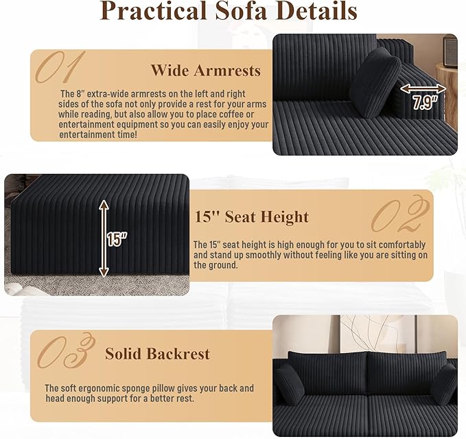 71'' Oversized Double Chaise Lounges Indoor Cloud Upholstered Boneless Couch Bed Deep Seat No Assembly Required Modern Corduroy Sleeper Loveseat Chair for Living Room Bedroom Reading (Black) | Bre
