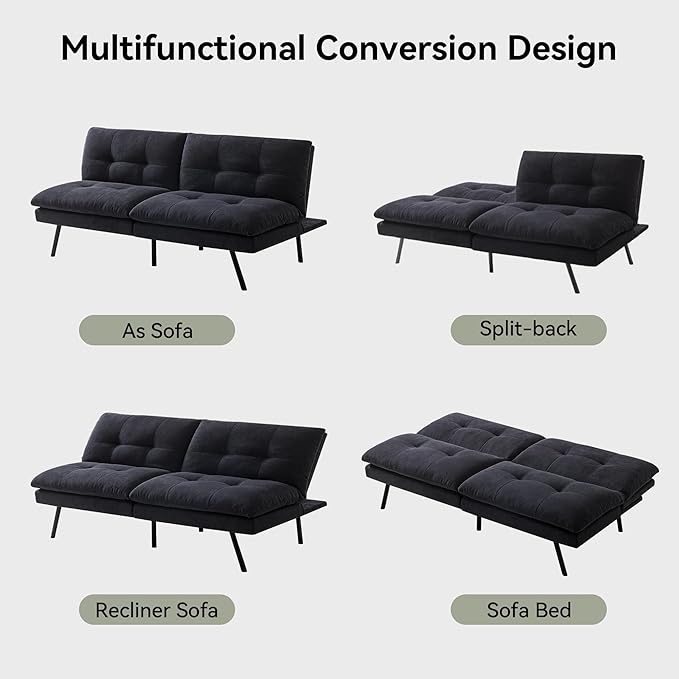 Convertible Futon Sofa BedMemory Foam Linen Fabric Futon Couch with Adjustable BackrestFolding Loveseat Sleeper Recliner for for Living RoomOfficeApartmentDeep Black