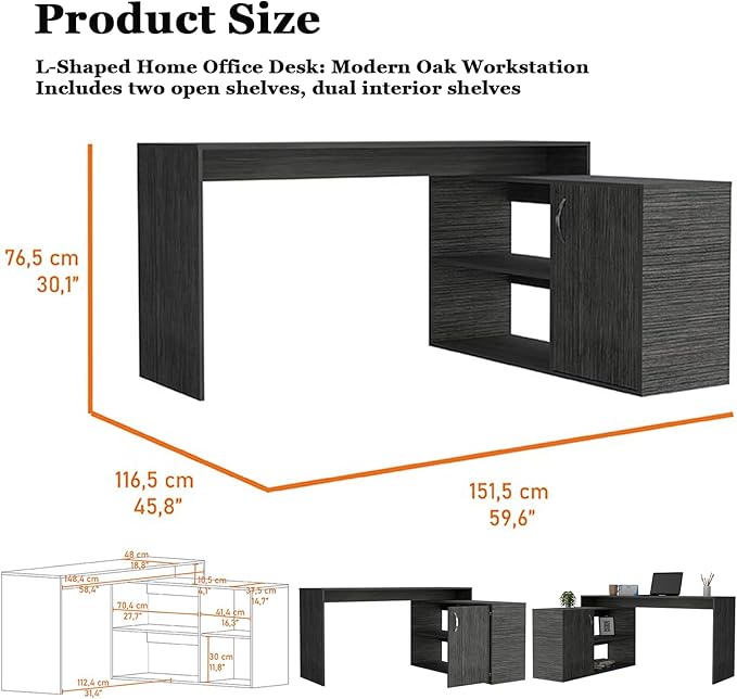60 Inch Black L Shaped Desk with Storage Large Computer Corner Home Office Desk with File Cabinet &amp 2 Storage Shelves Wood Corner Desk for Small Space Gaming Writing Work